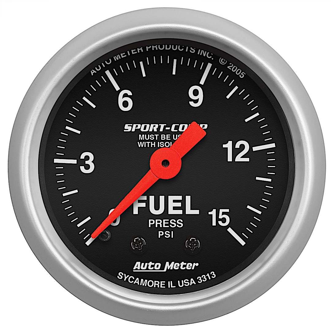 a483313_1.jpg Autometer 3313 Sport-Comp Series Gauge, Fuel Pressure, 2 1/16in. 15Psi, Mechanical W/Isolator. - Image 1