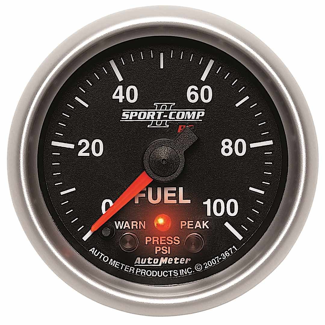 a483671_1.jpg Autometer 3671 Sport-Comp II Series Gauge, Fuel Press, 2 1/16in. 100Psi, Digital Stpr Mtr W/Pk & Wrn. - Image 1