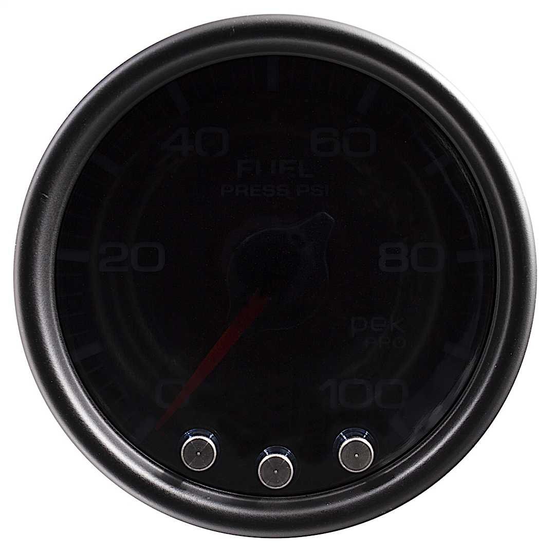 a48p31452_1.jpg Autometer P31452 Spek Series Gauge, Fuel Press, 2 1/16in. 100Psi, Stepper Mtr W/Pk & Wrn, Blk/Smoke/Blk. - Image 1