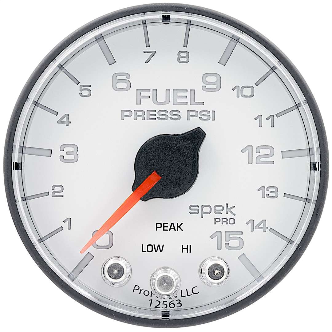 a48p315128_1.jpg Autometer P315128 Spek Series Gauge, Fuel Press, 2 1/16in. 15Psi, Stepper Motor W/Peak & Warn, Wht/Blk. - Image 1