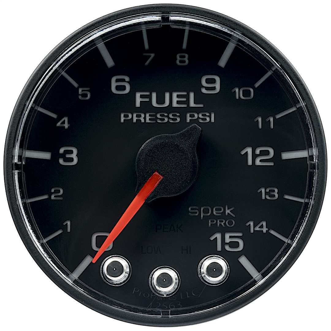a48p315328_1.jpg Autometer P315328 Spek Series Gauge, Fuel Press, 2 1/16in. 15Psi, Stepper Motor W/Peak & Warn, Blk/Blk. - Image 1