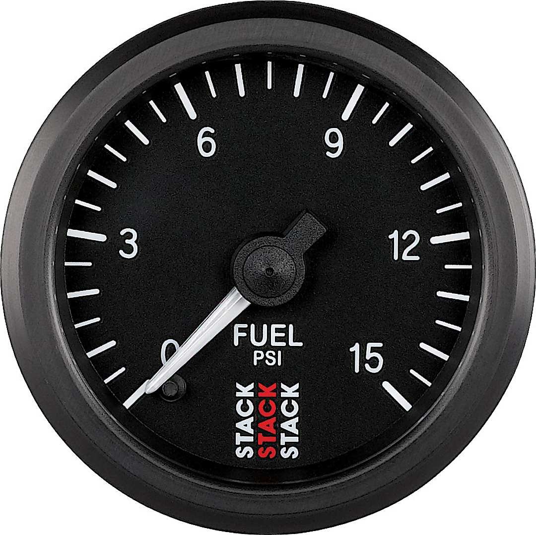 a48st3304_1.jpg Autometer ST3304 Stack Series Gauge, Fuel Press, Pro Stepper Motor, 52Mm, Blk, 0-15Psi, 1/8in. Nptf Male - Image 1