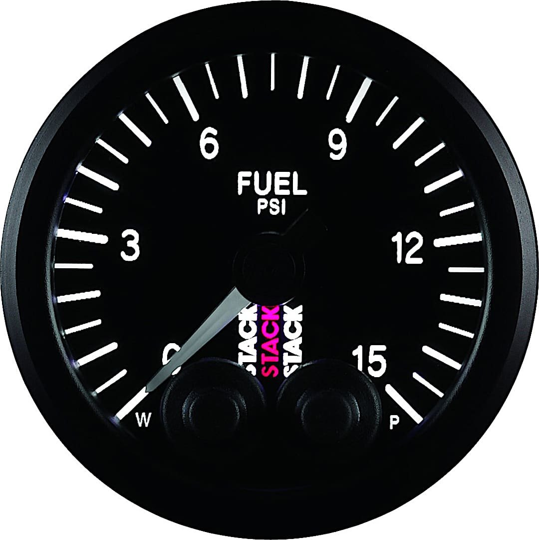 a48st3504_1.jpg Autometer ST3504 Stack Series Gauge, Fuel Press, Pro-Control, 52Mm, Blk, 0-15Psi, 1/8in. Nptf Male - Image 1