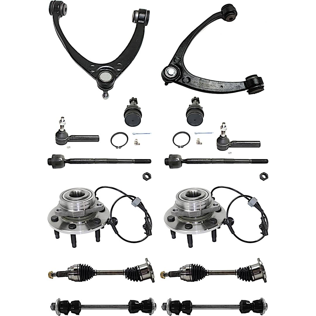 kit-011321-04_1.jpg TrueDrive 14-Piece Kit Front, Driver and Passenger Side, Upper Control Arm with Axle Assemblies, Ball Joints, Sway Bar Links (12 mm. Stud), Tie Rod Ends, and Wheel Hubs, AWD/4WD - Image 1