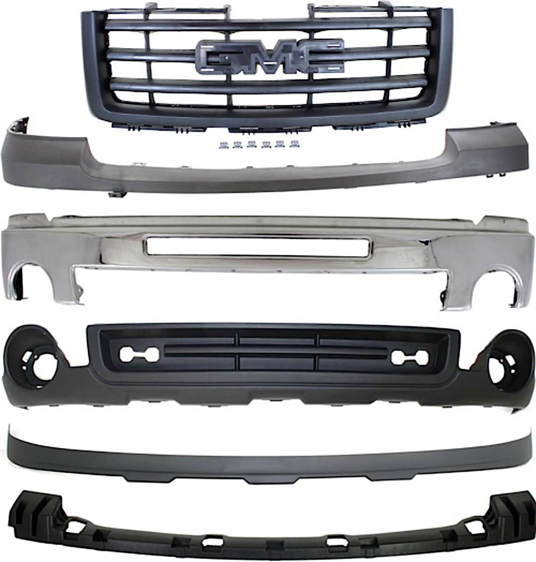 kit-011718-08_1.jpg Replacement 6-Piece Kit, Front Bumper, Chrome, Includes (1) Bumper, (1) Bumper Bracket, (1) Bumper Cover, (1) Grille, and (2) Valance - Image 1