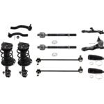 JC Whitney 12-Piece Kit Front, Driver and Passenger Side Shock Absorber and Strut Assembly, Includes Control Arms, Shock Absorber and Strut Assembly, Steering Rack Boots, Sway Bar Links, and Tie Rod Ends