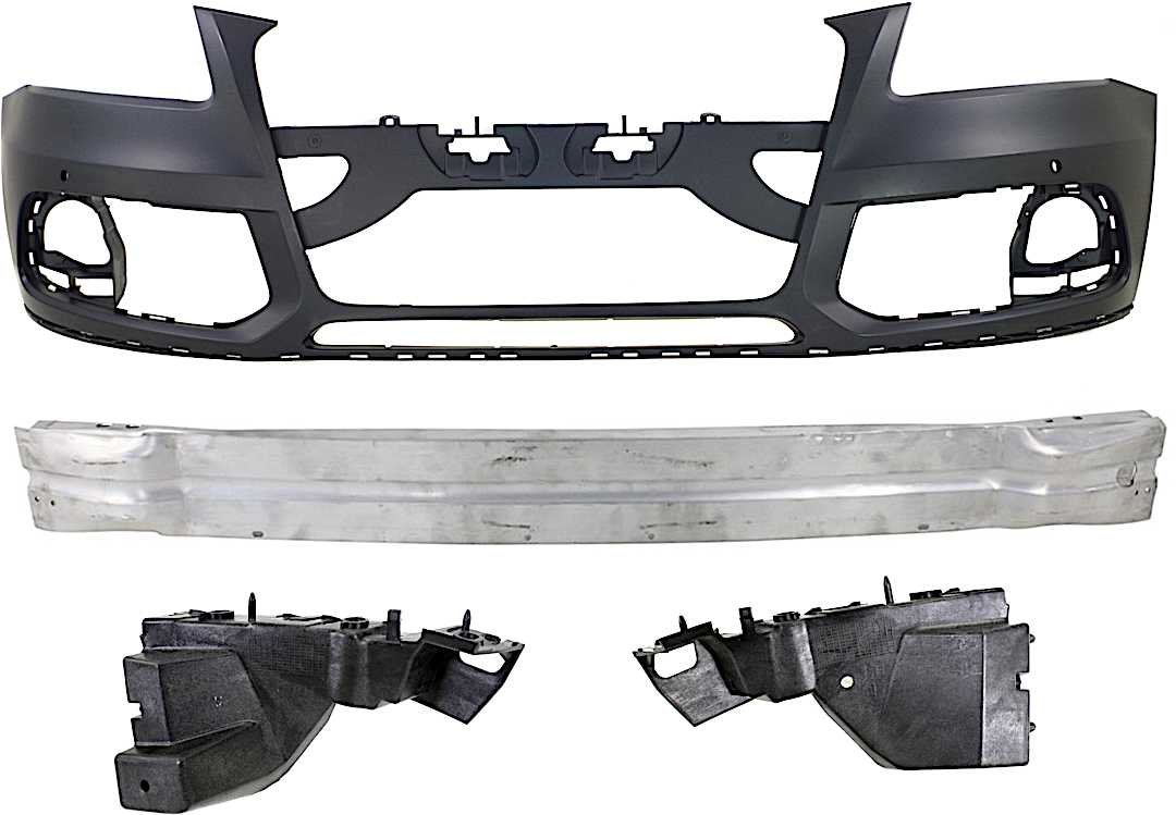 kit-021417-28_1.jpg Replacement 4-Piece Kit, Front Primed Bumper Cover, For Models w/o S-Line Package, w/ Adaptive Cruise Control and Parking Aid Sensor, Includes (2) Bumper Bracket, (1) Bumper Cover, (1) Bumper Reinforcement - Image 1