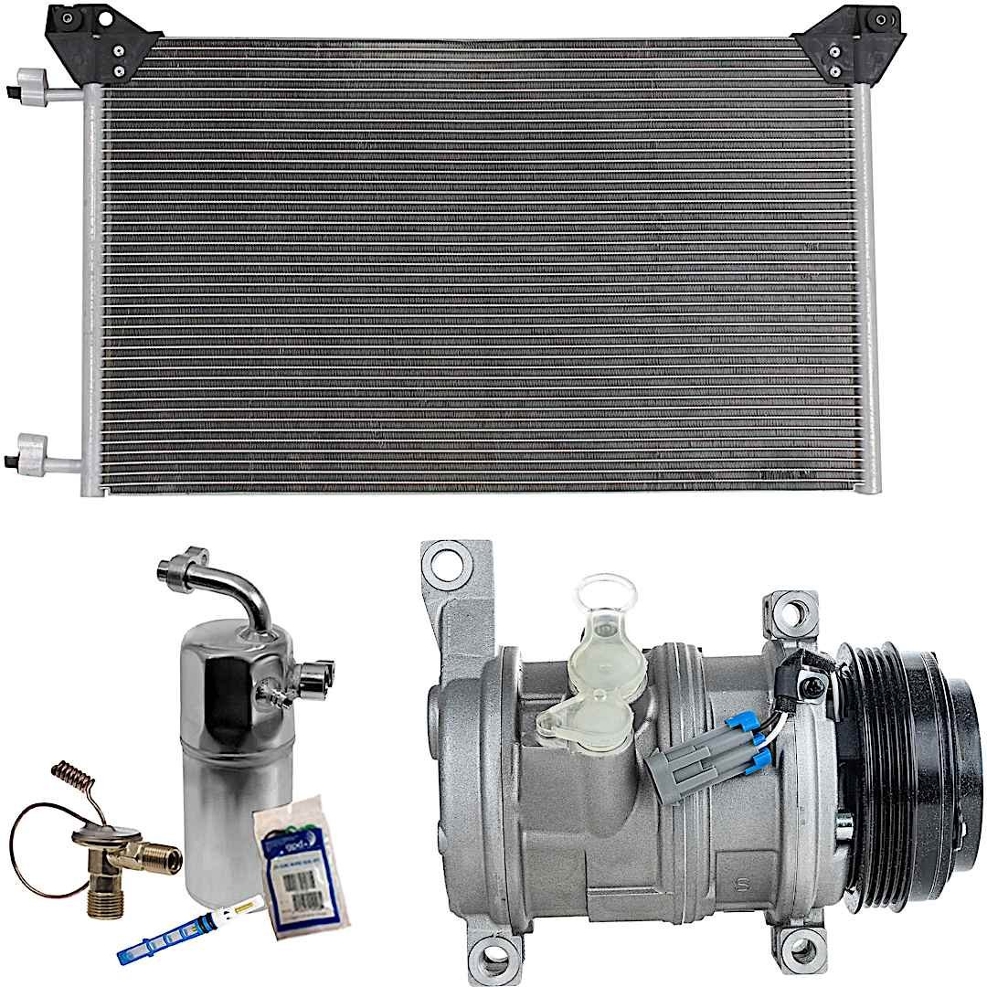 kit-030521-10_1.jpg DriveMotive 3-Piece Kit A/C Compressor, 4-Groove Pulley, includes A/C Condenser, and A/C Service Kit (A/C Accumulator, A/C Orifice Tube, and A/C O-Ring and Gasket Seal Kit), Two Bolts to mount the Hoses - Image 1