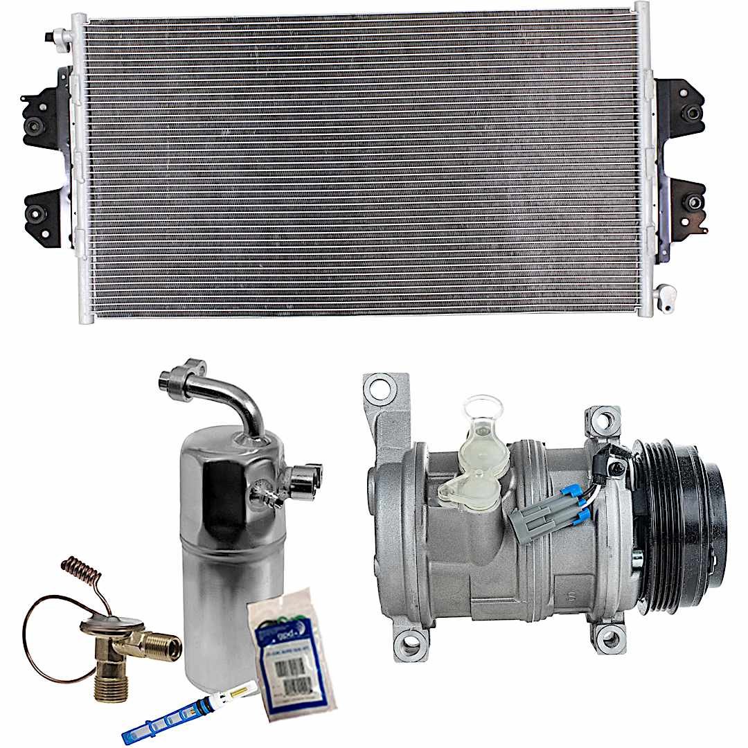 kit-030521-15_1.jpg DriveMotive 3-Piece Kit A/C Compressor, 4-Groove Pulley, includes A/C Condenser, and A/C Service Kit (A/C Accumulator, A/C Orifice Tube, and A/C O-Ring and Gasket Seal Kit), Two Bolts to mount the Hoses - Image 1