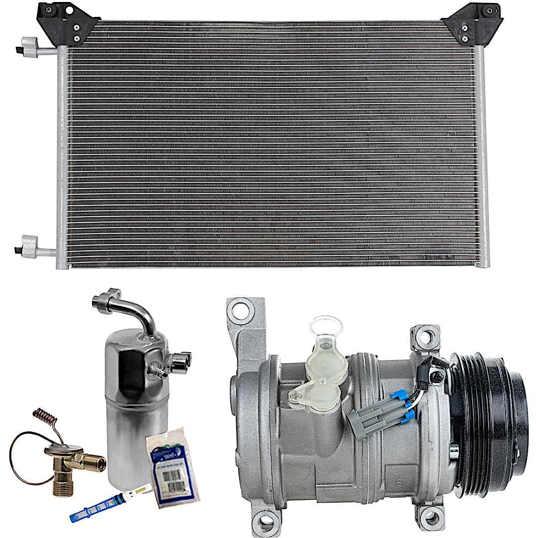 kit-030521-28_1.jpg DriveMotive 3-Piece Kit A/C Compressor with A/C Condenser and A/C Service Kit (A/C Accumulator, Expansion Valve, Orifice Tube, and A/C O-Ring and Gasket Seal Kit), 4-Groove Pulley, Two Bolts to Mount the Hoses - Image 1