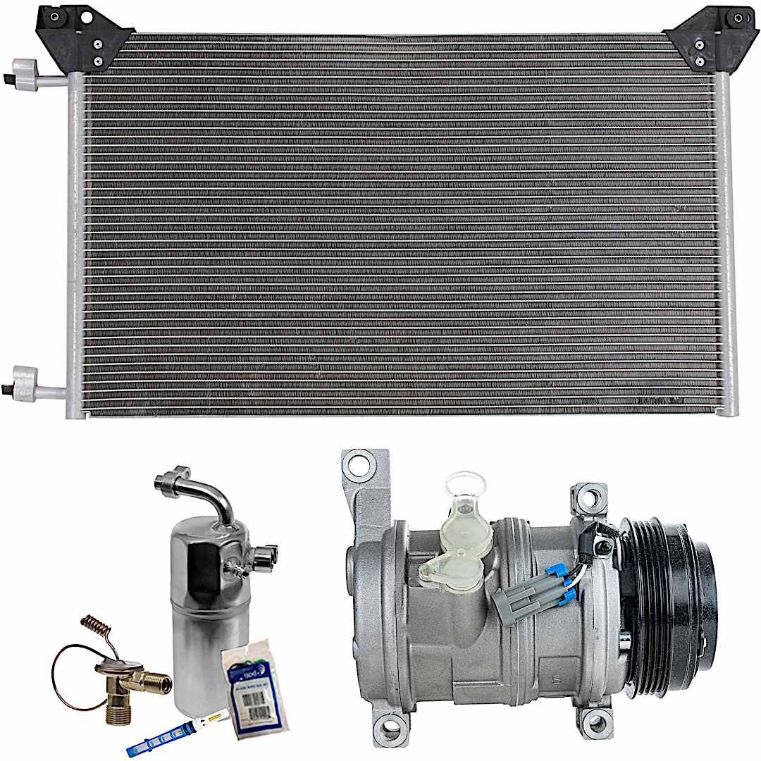 kit-030521-39_1.jpg DriveMotive 3-Piece Kit A/C Compressor, 4-Groove Pulley, includes A/C Condenser, and A/C Service Kit (A/C Accumulator, A/C Orifice Tube, and A/C O-Ring and Gasket Seal Kit), Two Bolts to mount the Hoses - Image 1