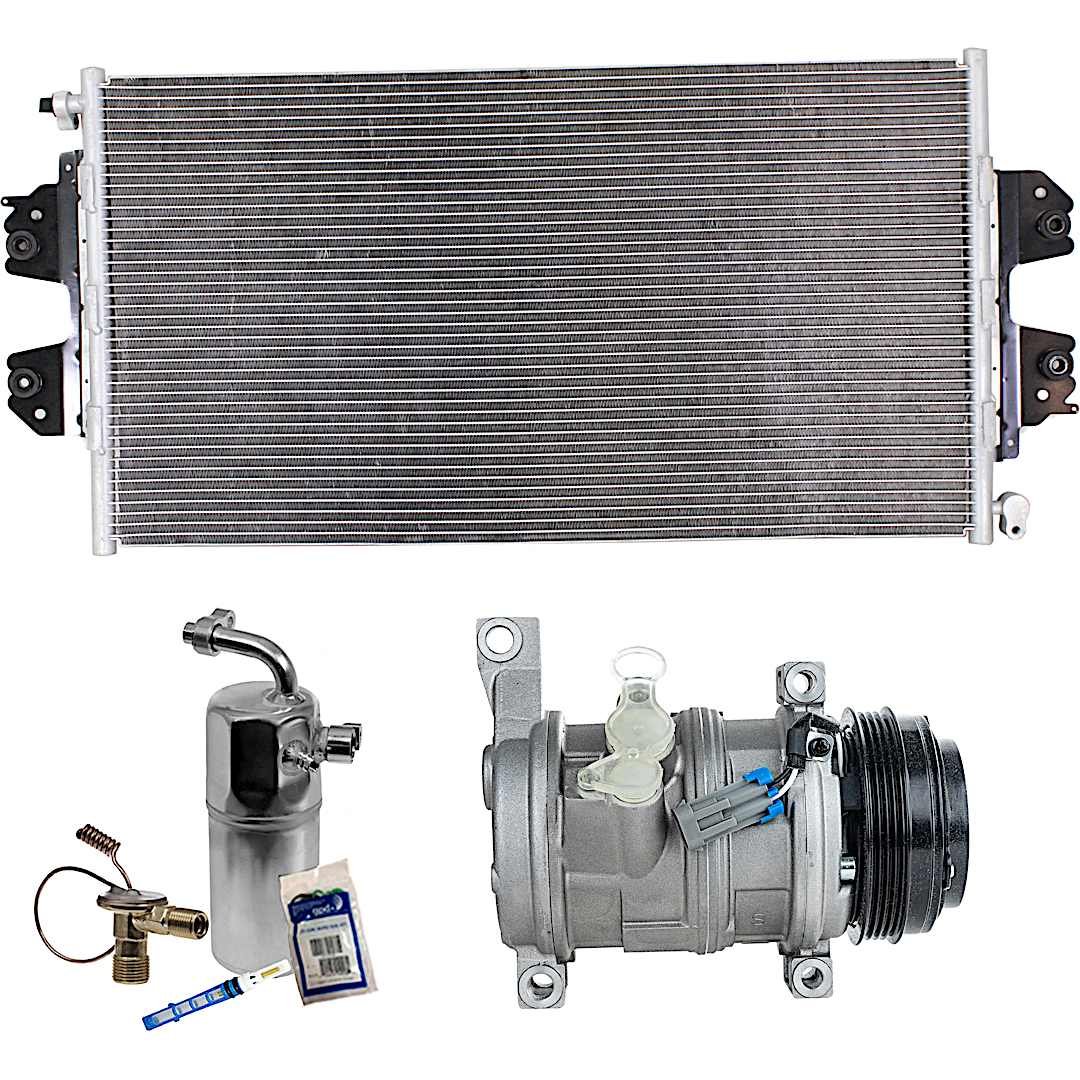 kit-030521-40_1.jpg DriveMotive 3-Piece Kit A/C Compressor, 4-Groove Pulley, includes A/C Condenser, and A/C Service Kit (A/C Accumulator, A/C Orifice Tube, and A/C O-Ring and Gasket Seal Kit), Two Bolts to mount the Hoses - Image 1