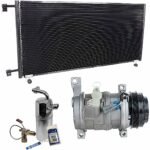 DriveMotive 3-Piece Kit A/C Compressor with A/C Condenser and A/C Service Kit (A/C Accumulator, Expansion Valve, Orifice Tube, and A/C O-Ring and Gasket Seal Kit), 4-Groove Pulley, Two Bolts to Mount the Hoses