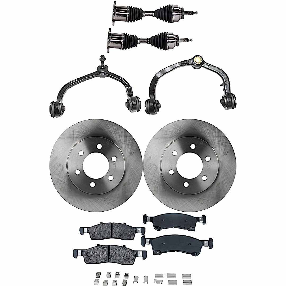 kit-040422-009_1.jpg TrueDrive 8-Piece Kit Front, Driver and Passenger Side Axle Assembly, 4WD, For Models With Auto Adjusting Suspension, includes Brake Discs, Brake Pad Sets, and Control Arms - Image 1