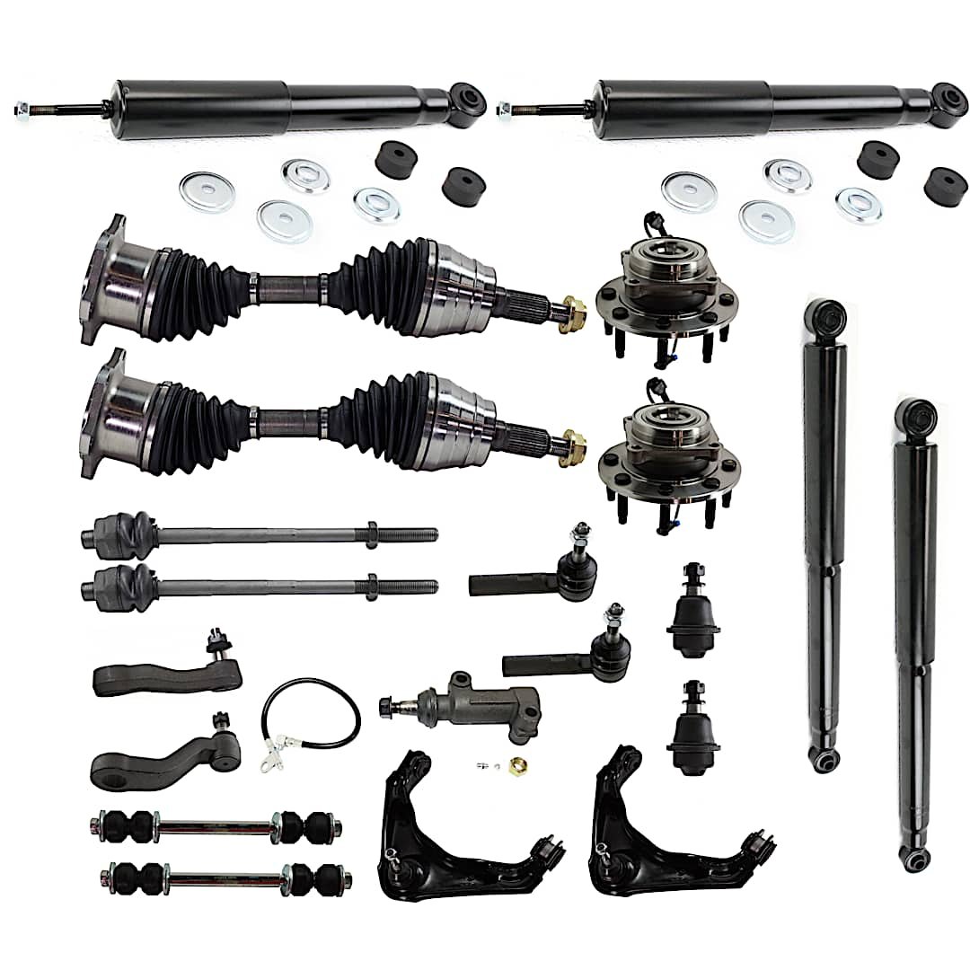 kit-042621-05-67_1.jpg TrueDrive 21-Piece Kit Front, Driver and Passenger Side Control Arms, 4WD, with Axle Assy., Ball Joints, Idler Arm, Idler Arm Bracket, Pitman Arm, Shock Absorbers, Sway Bar Links, Tie Rod Ends, and Wheel Hubs - Image 1
