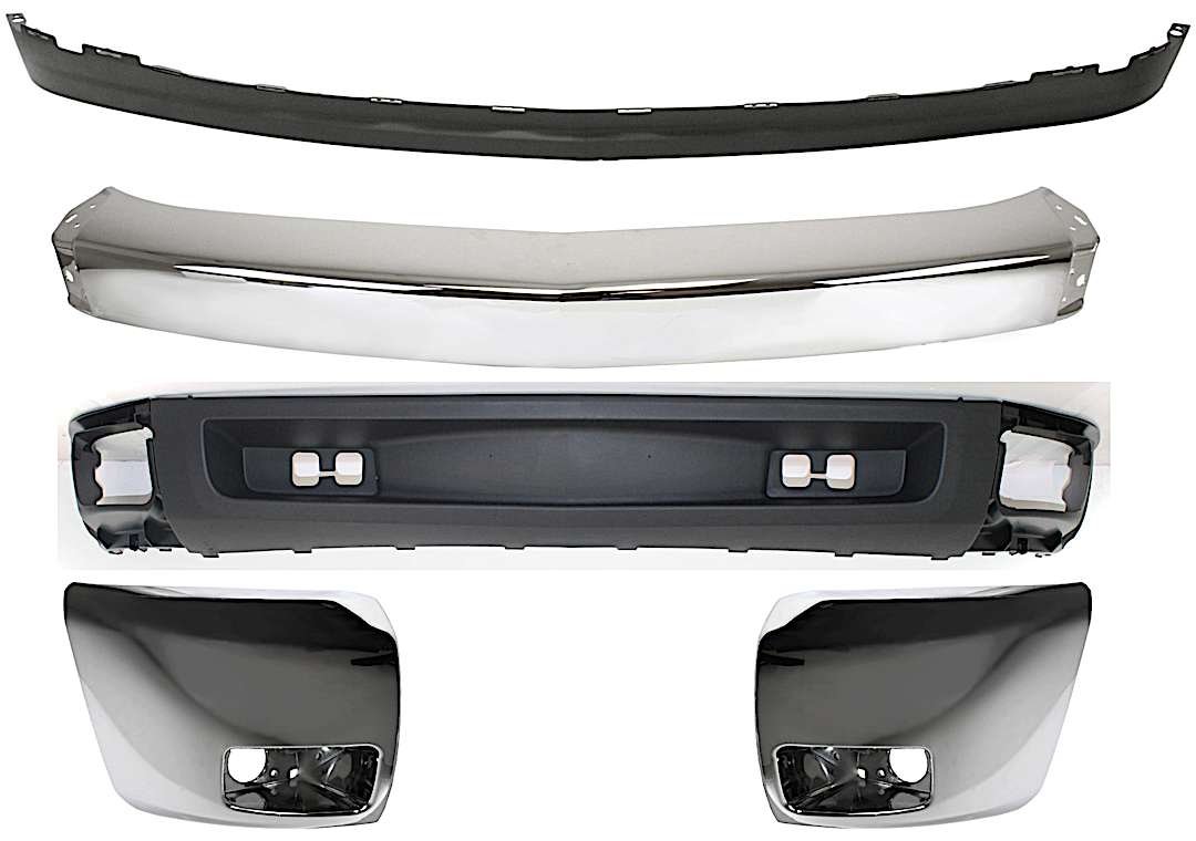 kit-050117-75_1.jpg Replacement 5-Piece Kit, Front Bumper, Chrome, Includes (1) Bumper, (2) Bumper End, and (2) Valance - Image 1