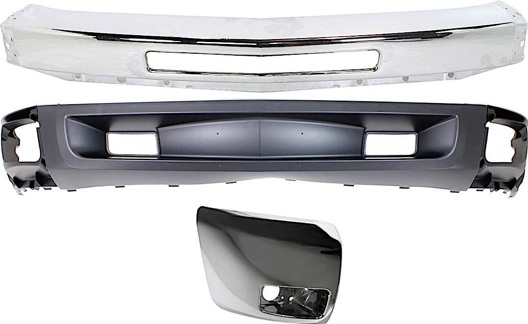kit-050217-74_1.jpg Replacement 3-Piece Kit, Front Bumper, For Models With Fog Lights, For Models With Tow Hook Holes, Chrome, Includes (1) Bumper, (1) Bumper End, and (1) Valance - Image 1