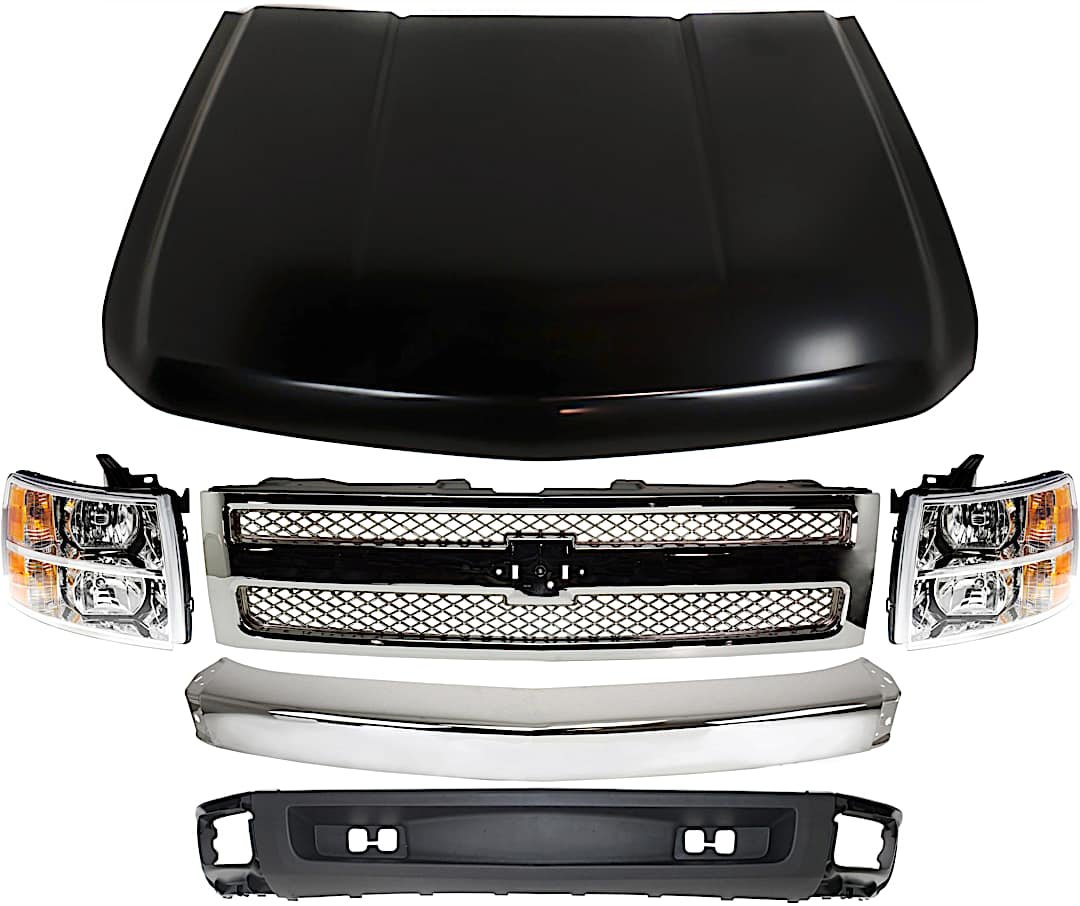 kit-050417-04_1.jpg Replacement 6-Piece Kit, Grille Chrome, Includes (1) Bumper, (1) Grille, (2) Headlight, (1) Hood, and (1) Valance - Image 1