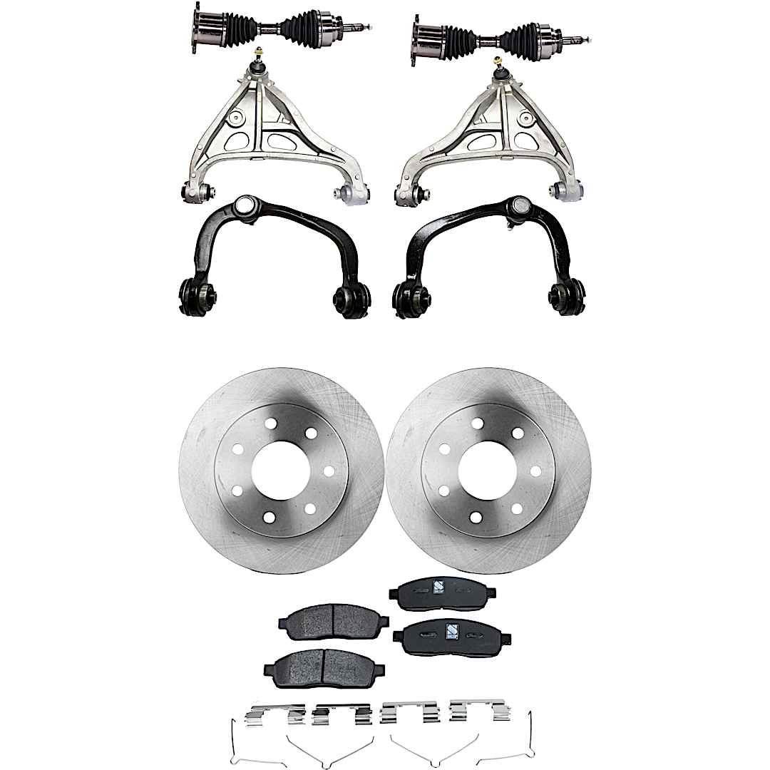 kit-052722-504_1.jpg TrueDrive 9-Piece Kit Front, Driver and Passenger Side, Upper and Lower Control Arm with Axle Assemblies, Brake Discs, and Brake Pad Set, 7 Lugs - Image 1