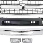 Replacement 9-Piece Kit Grille Chrome Shell with Textured Black Insert, Includes (1) Bumper, (4) Bumper End, (2) Fog Light, (1) Grille, and (1) Valance
