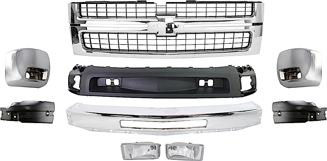 kit-052924-c46_1.jpg Replacement 9-Piece Kit Grille Chrome Shell with Textured Black Insert, Includes (1) Bumper, (4) Bumper End, (2) Fog Light, (1) Grille, and (1) Valance - Image 1