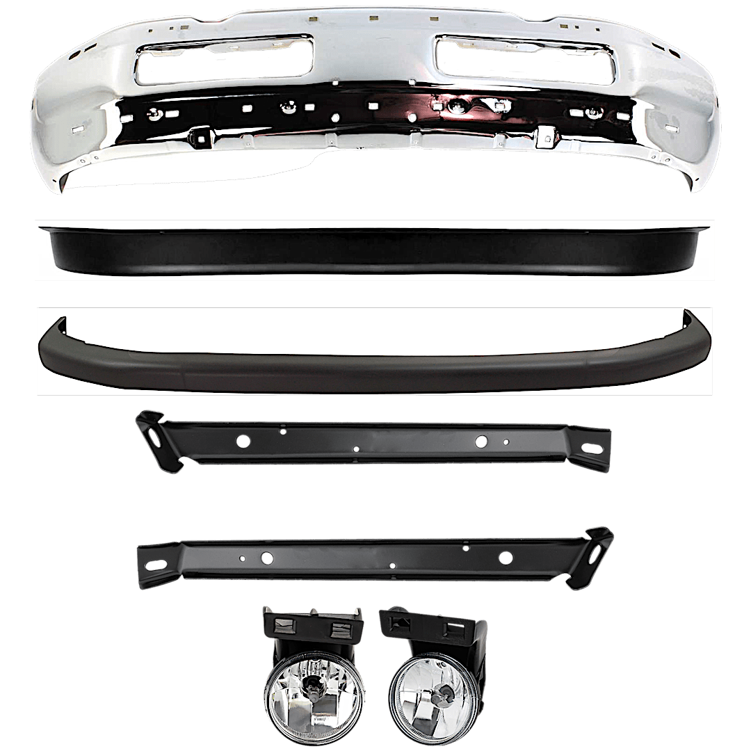 kit-053024-c04_1.png Replacement 7-Piece Kit, Front Bumper, Chrome, Includes (1) Bumper, (2) Bumper Bracket, (2) Bumper Cover, and (2) Fog Light - Image 1