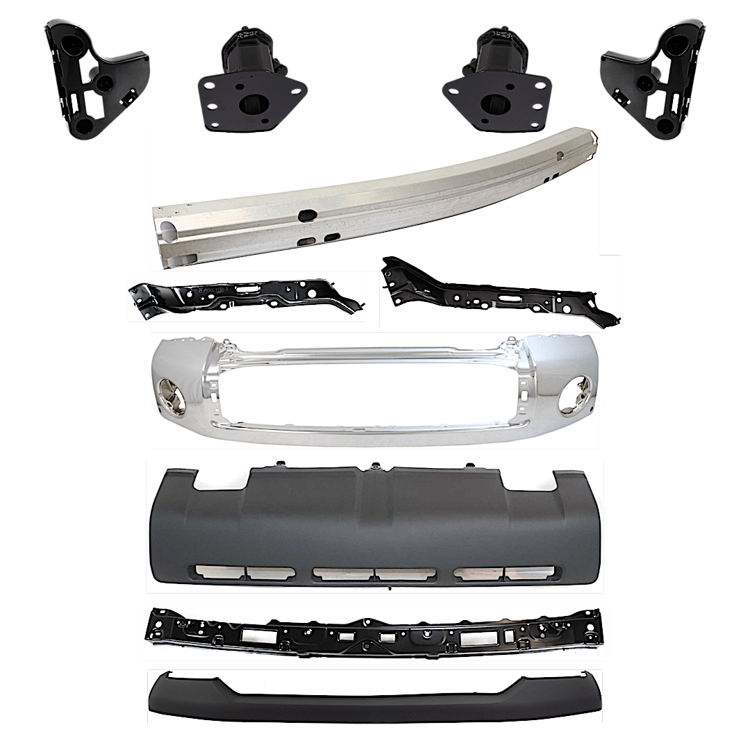 kit-053024-c76_1.png Replacement 11-Piece Kit, Front, Driver and Passenger Side Bumper, For Models w/ Steel Bumper, Includes (1) Bumper, (4) Bumper Bracket, (1) Bumper Cover, (1) Bumper Reinforcement, (3) Bumper Retainer, (1) Valance - Image 1