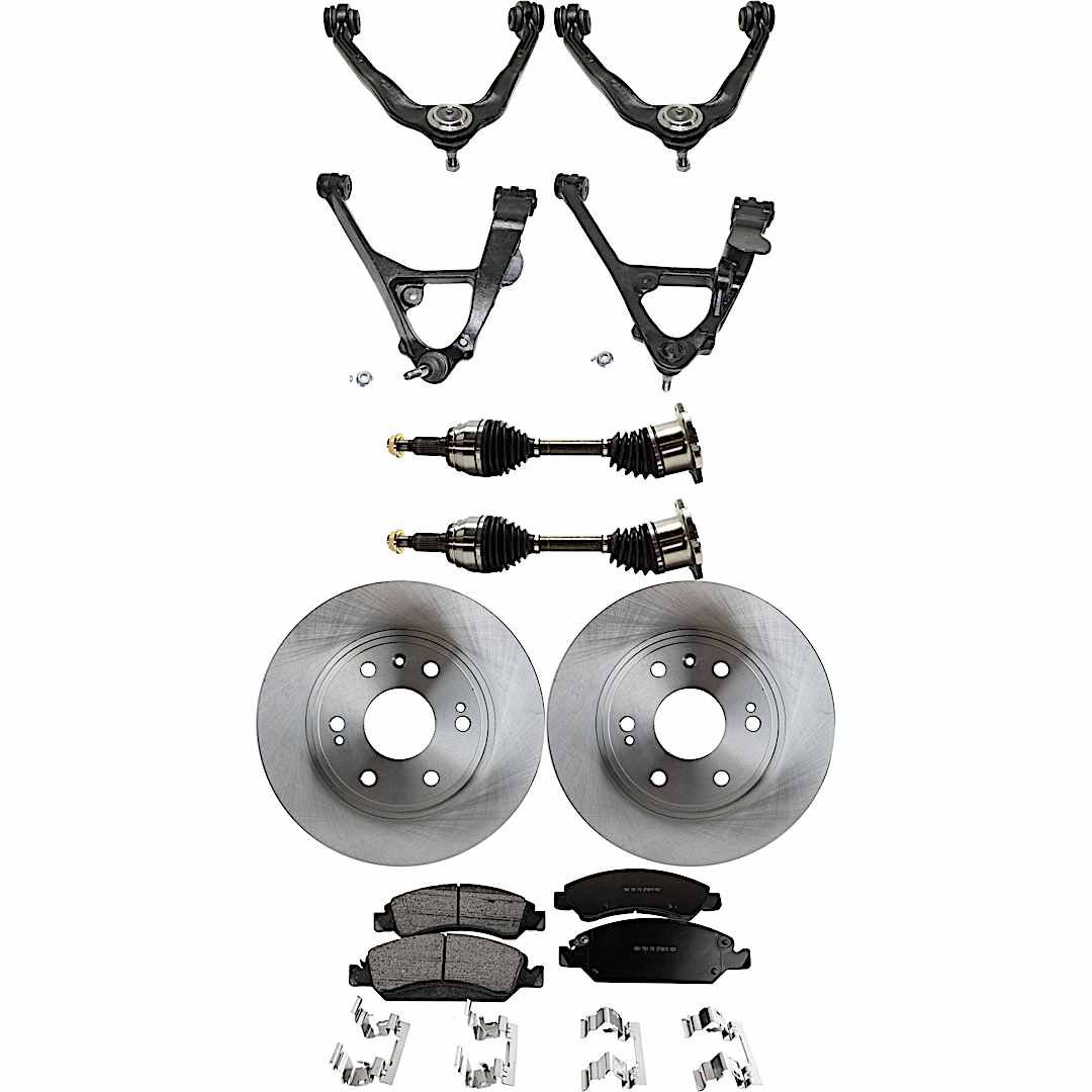 kit-060222-324_1.jpg TrueDrive 9-Piece Kit Front, Driver and Passenger Side, Upper and Lower Control Arm, includes Axle Assemblies, Brake Discs, and Brake Pad Set - Image 1