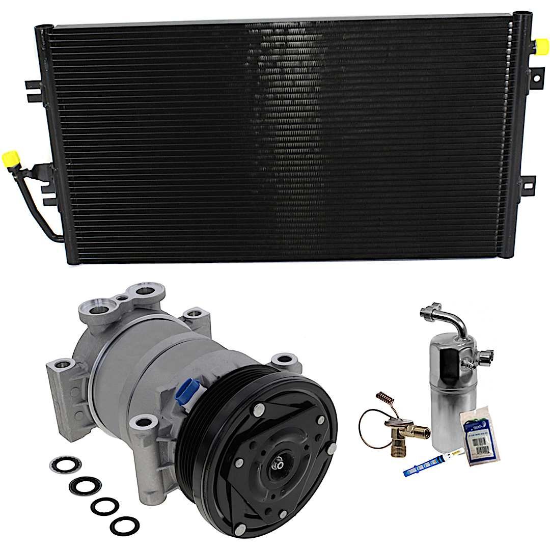 kit-060621-03_1.jpg DriveMotive 3-Piece Kit A/C Compressor, 6-Groove Pulley, includes A/C Condenser, and A/C Service Kit (A/C Accumulator, A/C Expansion Valve, A/C Orifice Tube, and A/C O-Ring and Gasket Seal Kit) - Image 1