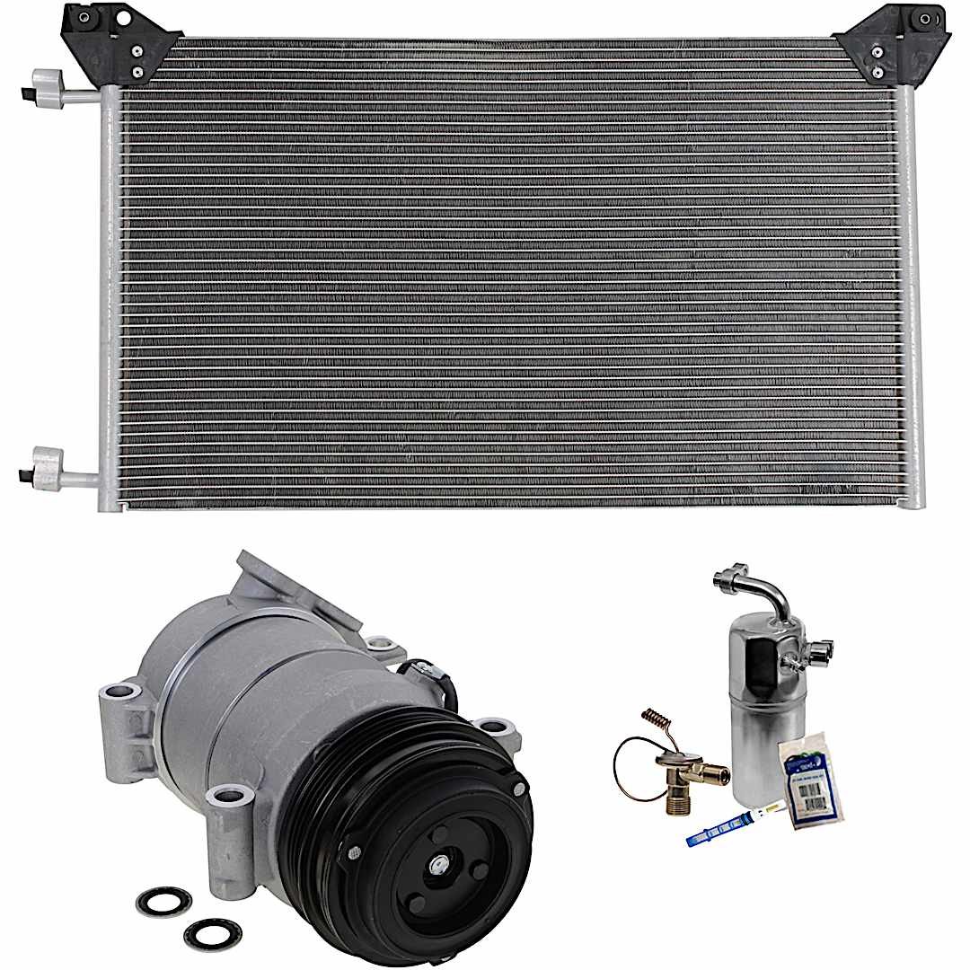 kit-060621-73_1.jpg DriveMotive 3-Piece Kit A/C Compressor, 4-Groove Pulley, includes A/C Condenser, and A/C Service Kit (A/C Accumulator, A/C Orifice Tube, and A/C O-Ring and Gasket Seal Kit), One Bolts to mount the Hoses - Image 1
