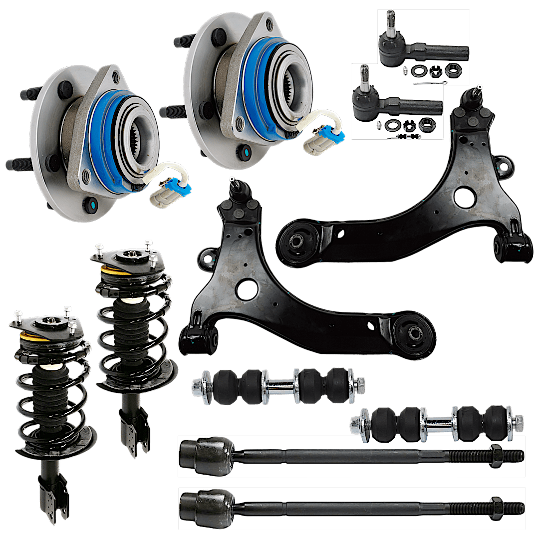 kit-060624-20_1.png TrueDrive 12-Piece Kit Front, Driver and Passenger Side Suspension with Control Arms, Loaded Strut, Sway Bar Links, Tie Rod Ends and Wheel Hubs, For Models with 24mm Bar Diameter - Image 1
