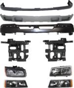 Replacement 9-Piece Kit, Front Bumper, Paint to Match, Includes (1) Bumper, (1) Bumper Cover, (2) Headlight, (2) Headlight Bracket, (2) Turn Signal Light, and (1) Valance