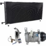 DriveMotive 3-Piece Kit A/C Compressor with A/C Condenser and A/C Service Kit (A/C Accumulator, Expansion Valve, Orifice Tube, and A/C O-Ring and Gasket Seal Kit), 4-Groove Pulley, Two Bolts to Mount the Hoses