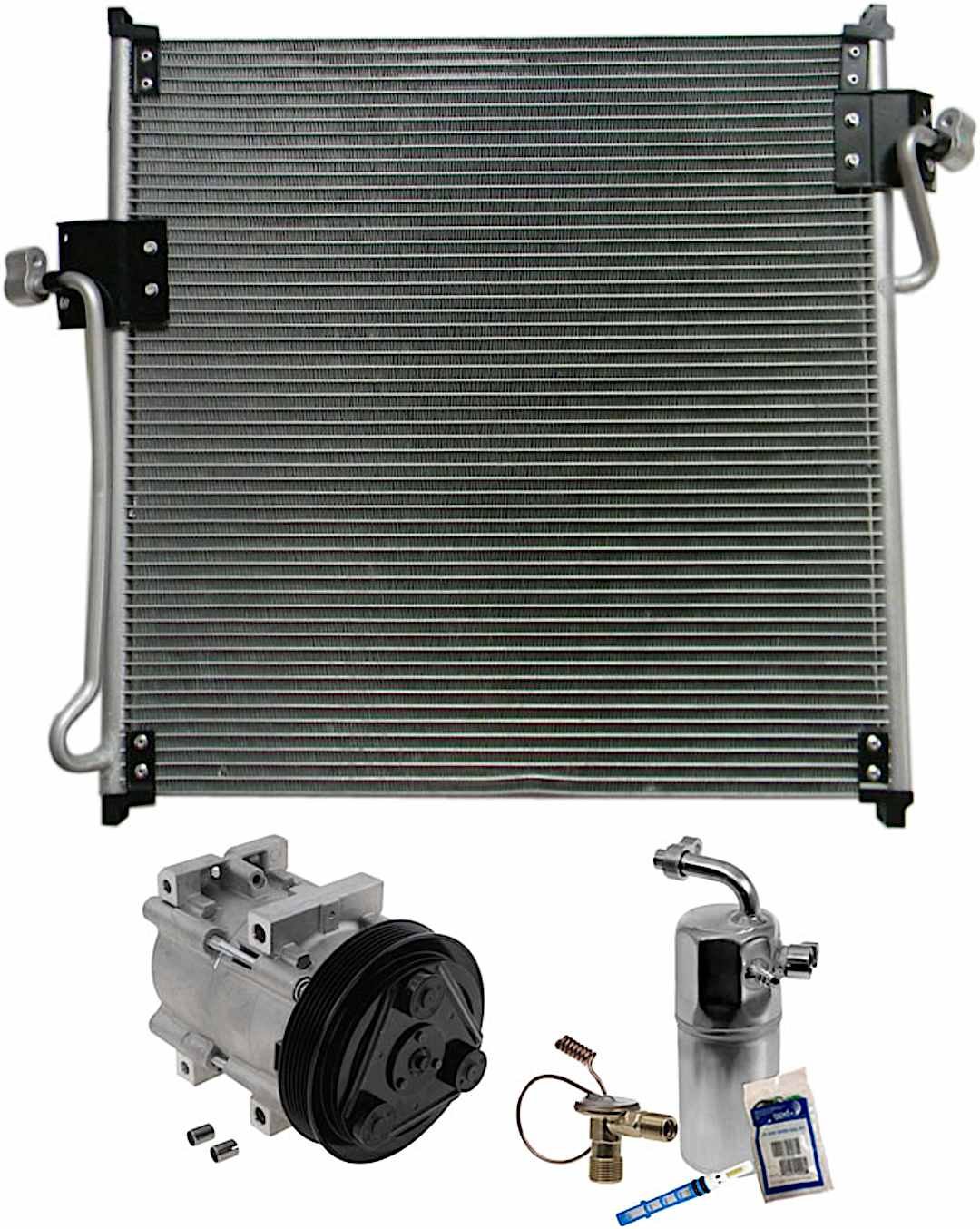 kit-061121-79_1.jpg DriveMotive 3-Piece Kit A/C Compressor with A/C Condenser, and A/C Service Kit (A/C Accumulator, A/C Orifice Tube, and A/C O-Ring and Gasket Seal Kit), 6-Groove Pulley - Image 1