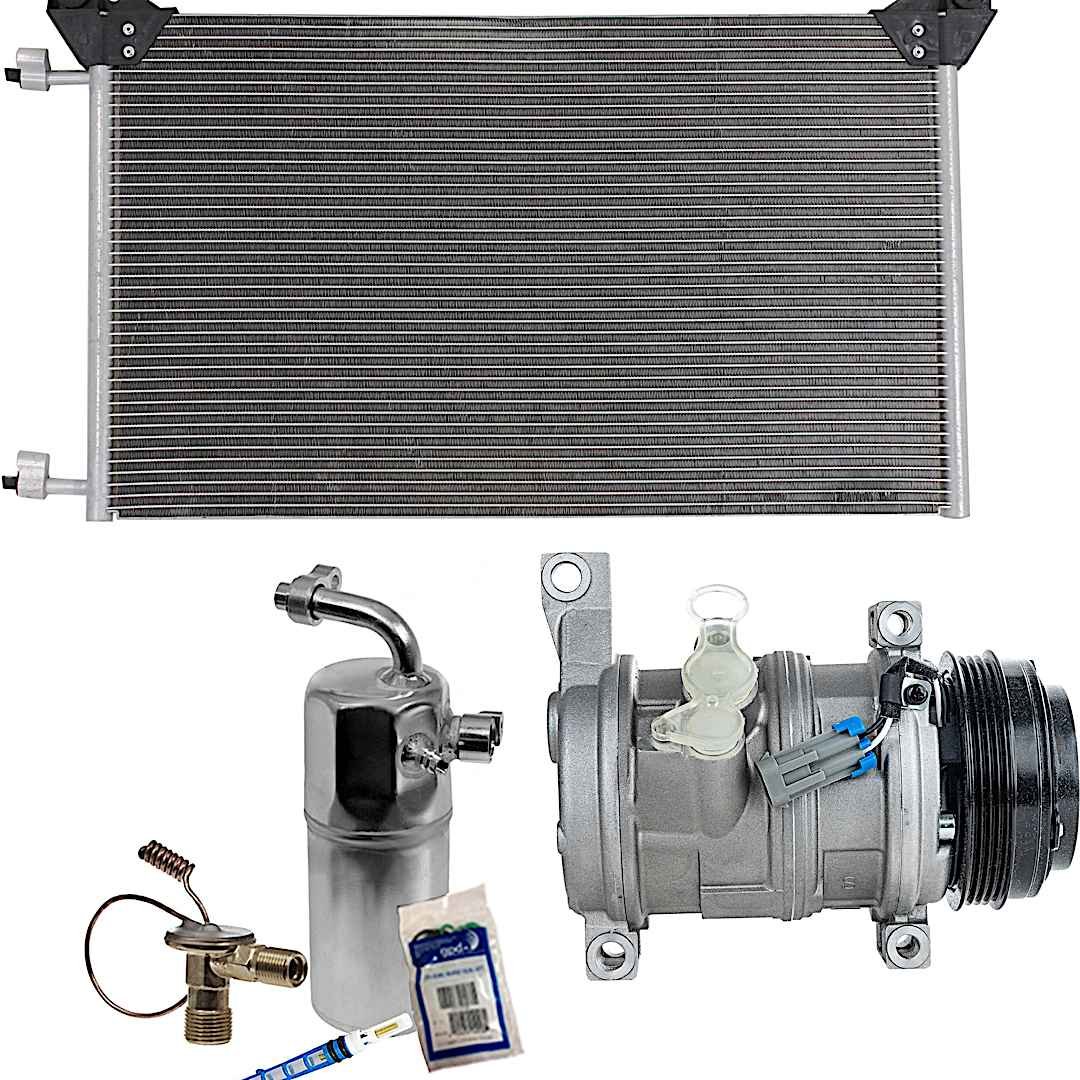 kit-061921-01_1.jpg DriveMotive 3-Piece Kit A/C Compressor with A/C Condenser and A/C Service Kit (A/C Accumulator, Expansion Valve, Orifice Tube, and A/C O-Ring and Gasket Seal Kit), 4-Groove Pulley, Two Bolts to Mount the Hoses - Image 1
