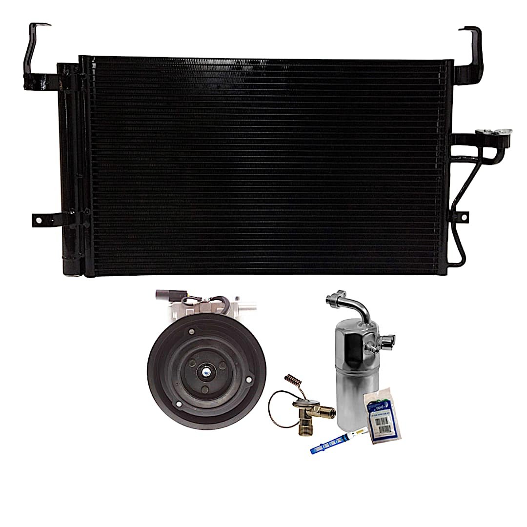kit-061921-431_1.jpg DriveMotive 3-Piece Kit A/C Compressor with A/C Condenser, and A/C Service Kit (A/C Expansion Valve, A/C O-Ring and Gasket Seal Kit, and Drier Desiccant Element), 4-Groove Pulley - Image 1
