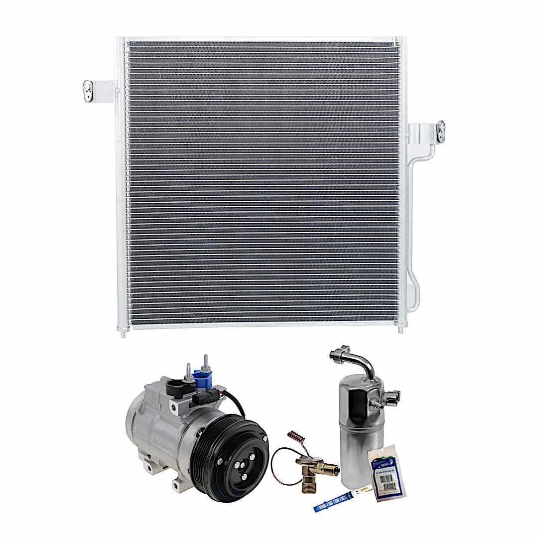 kit-061921-478_1.jpg DriveMotive 3-Piece Kit A/C Compressor with A/C Condenser and A/C Service Kit, with Clutch, 6-Groove Pulley, For Models With FS20 Compressor Type and Rear Air Conditioning - Image 1