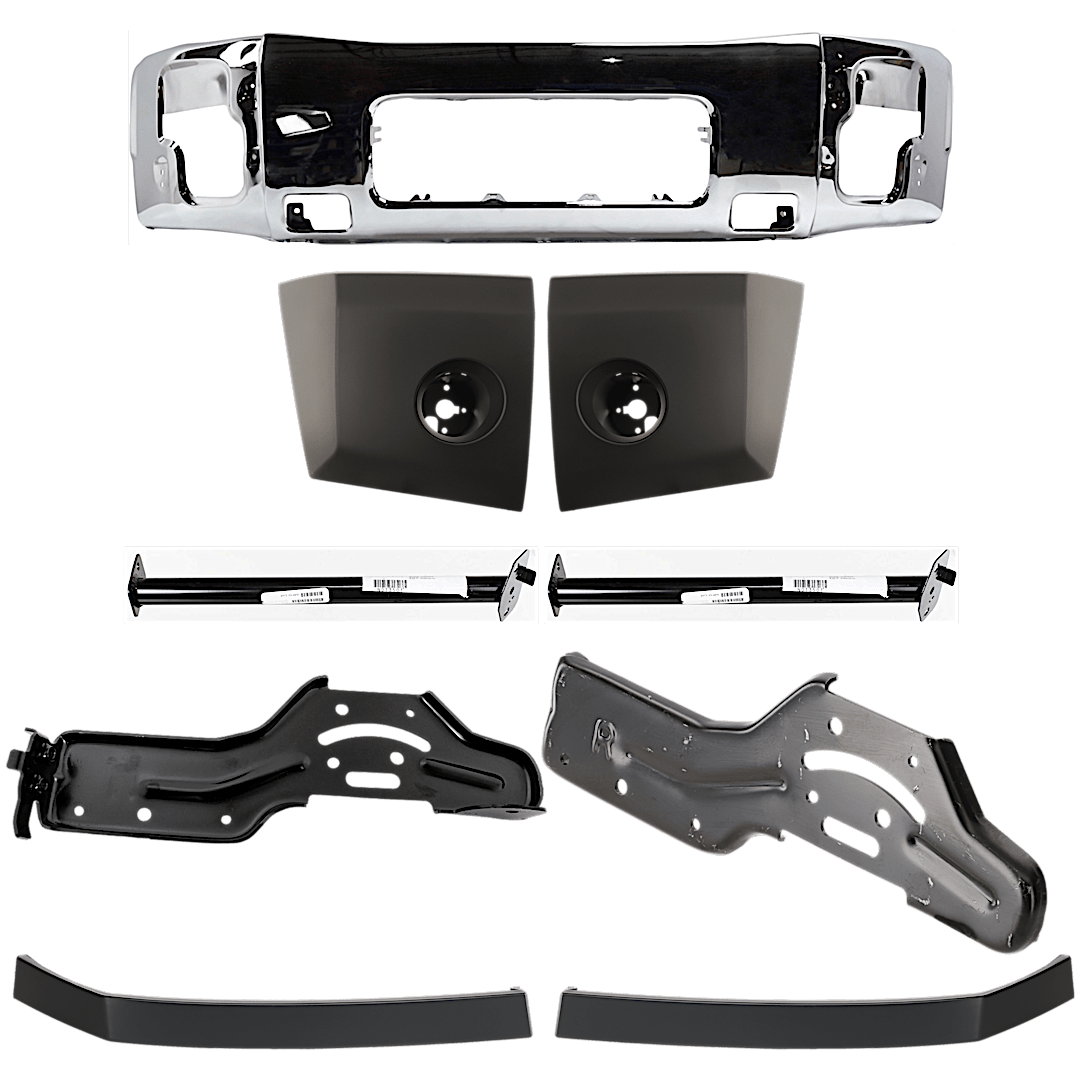 kit-062424-c52_1.png Replacement 9-Piece Kit, Front Bumper, Chrome, Includes (1) Bumper, (4) Bumper Bracket, (2) Bumper End, and (2) Bumper Trim - Image 1
