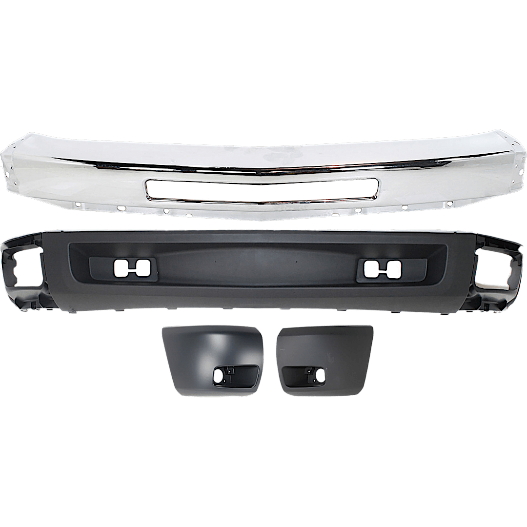 kit-062817-30_1.png Replacement 4-Piece Kit, Front Bumper, For Models With Fog Lights, For Models Without Tow Hook Holes, Chrome, Includes (1) Bumper, (2) Bumper End, and (1) Valance - Image 1