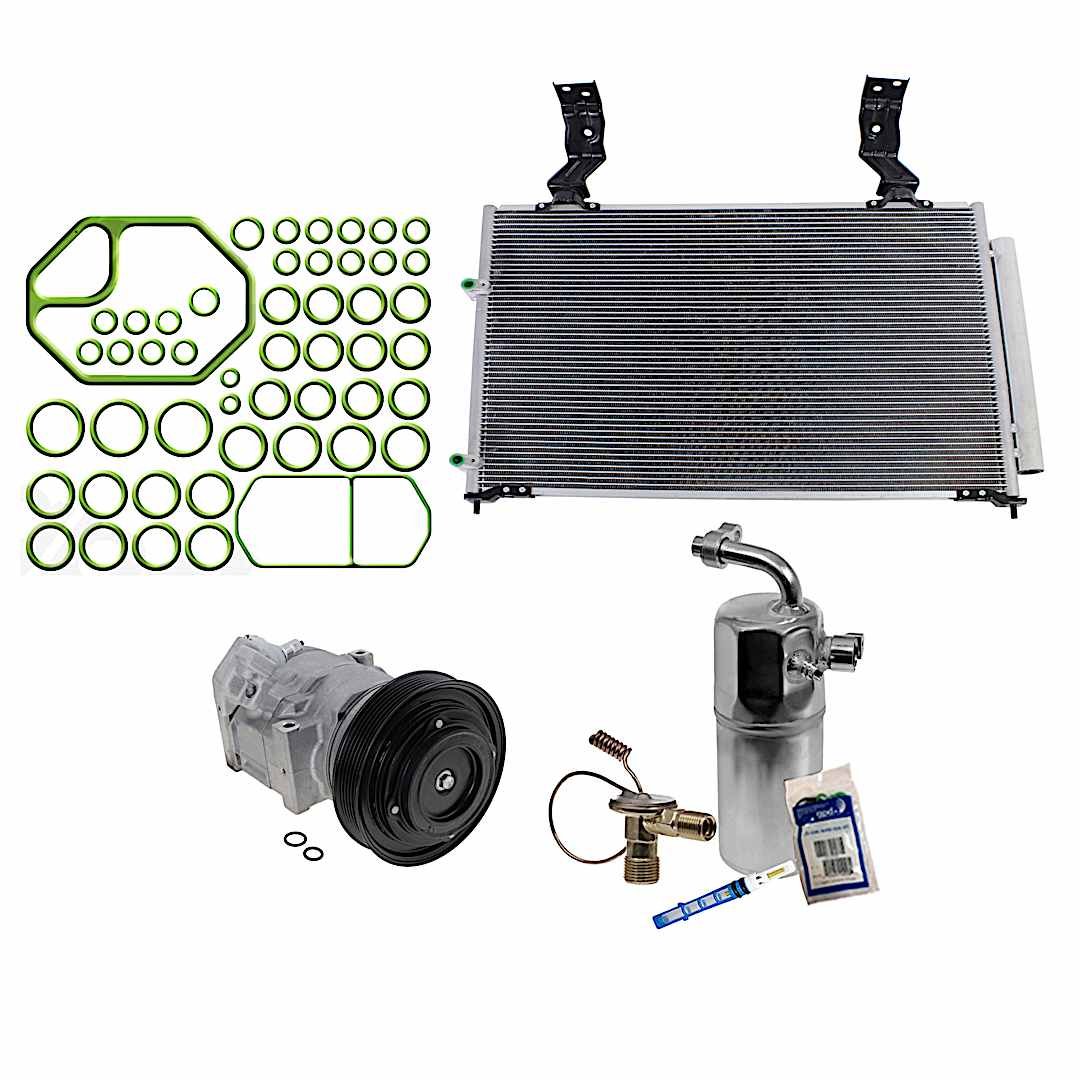 kit-063021-11_1.jpg DriveMotive 3-Piece Kit A/C Compressor with A/C Condenser, and A/C Service Kit (A/C Expansion Valve, A/C O-Ring and Gasket Seal Kit, and Drier Desiccant Element), 6-Groove Pulley - Image 1
