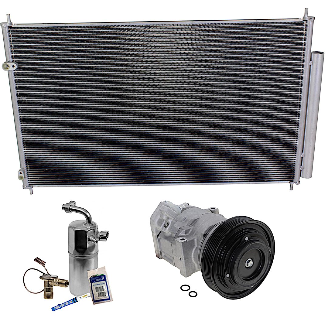 kit-063021-26_1.jpg DriveMotive 3-Piece Kit A/C Compressor with A/C Condenser, and A/C Service Kit (A/C Expansion Valve, A/C O-Ring and Gasket Seal Kit, and Drier Desiccant Element), 6-Groove Pulley - Image 1