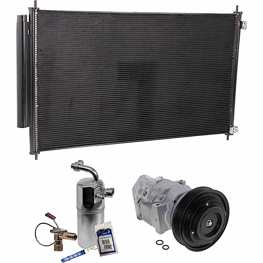 kit-063021-30_1.jpg DriveMotive 3-Piece Kit A/C Compressor with A/C Condenser, and A/C Service Kit (A/C Expansion Valve, A/C Expansion Valve, A/C O-Ring and Gasket Seal Kit, and Drier Desiccant Element), 6-Groove Pulley - Image 1