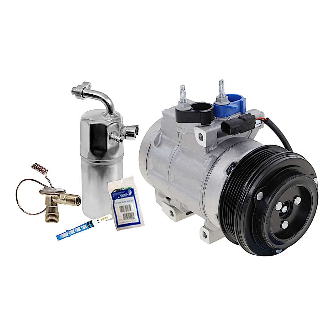 kit-063021-91_1.jpg DriveMotive 2-Piece Kit A/C Compressor Kit with A/C Service Kit, with Clutch, 6-Groove Pulley, with Hose Fitting Bolts on the Left, 4.53 in. Diameter Clutch - Image 1