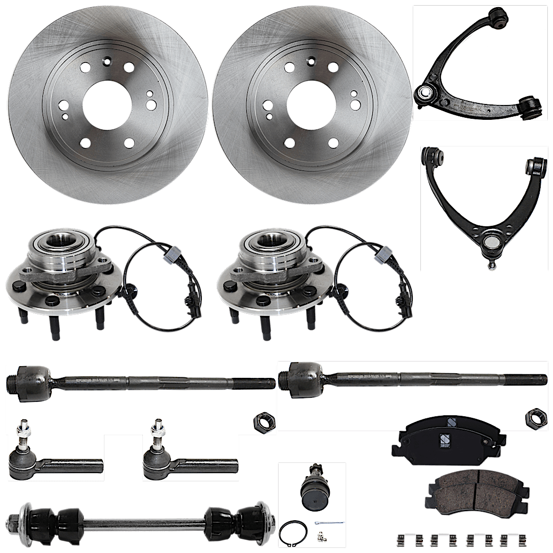 kit-070224-c16_1.png TrueDrive 2-Wheel Set Front, Driver and Passenger Side, Inner and Outer, Upper and Lower Wheel Hub with Ball Joint, Brake Discs, Brake Pad Set, Control Arms, Sway Bar Link, and Tie Rod Ends - Image 1