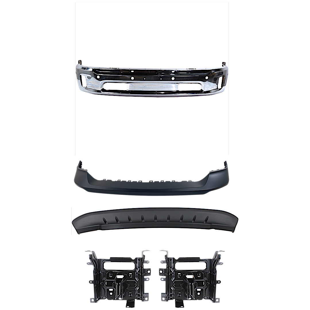 kit-070224-c323_1.png Replacement 7-Piece Kit, Front, Driver and Passenger Side, Upper and Lower Bumper, For Models With Two Piece Bumper Type, Chrome, Includes (1) Bumper, (4) Bumper Bracket, (1) Bumper Cover, and (1) Valance - Image 1