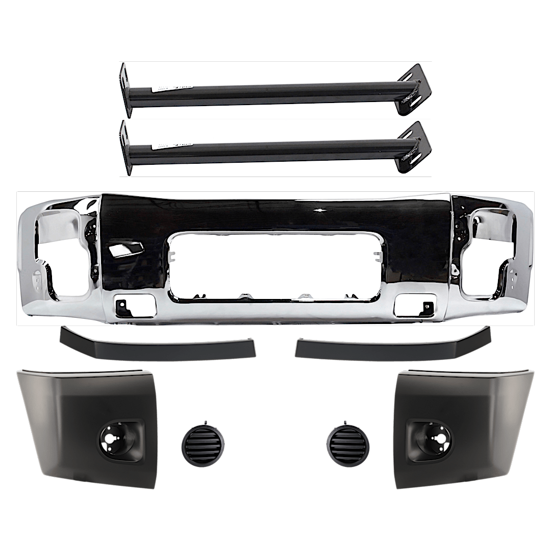 kit-070224-c39_1.png Replacement 9-Piece Kit, Front, Driver and Passenger Side Bumper, Chrome, Includes (1) Bumper, (2) Bumper Bracket, (2) Bumper End, (2) Bumper Trim, and (2) Fog Light Cover - Image 1