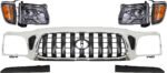 Replacement 7-Piece Kit Driver and Passenger Side Grille Chrome Shell with Painted Dark Gray Insert, Includes (2) Corner Light, (1) Grille Assembly, (2) Headlight, and (2) Headlight Filler
