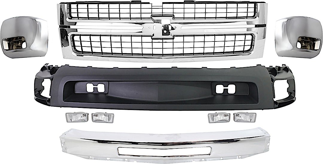 kit-07182024-66_1.jpg Replacement 7-Piece Kit Grille Chrome Shell with Textured Black Insert, Includes (1) Bumper, (2) Bumper End, (2) Fog Light, (1) Grille, and (1) Valance - Image 1