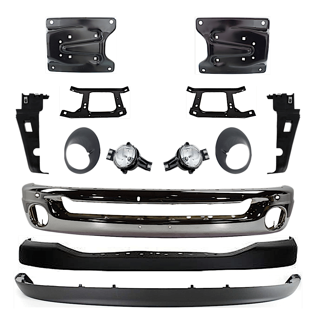 kit-071824-c01_1.png Replacement 13-Piece Kit Front Bumper, Chrome, Includes (1) Bumper, (6) Bumper Bracket, (1) Bumper Cover, (2) Fog Light, (2) Fog Light Trim, and (1) Valance - Image 1