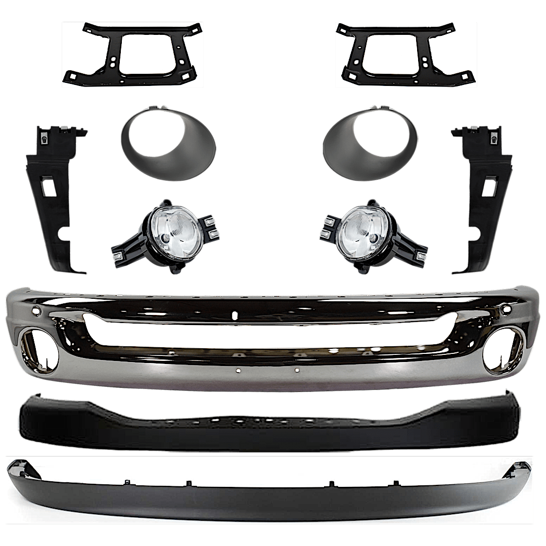 kit-071824-c05_1.png Replacement 11-Piece Kit, Front Bumper, Chrome, Includes (1) Bumper, (4) Bumper Bracket, (1) Bumper Cover, (2) Fog Light, (2) Fog Light Trim, and (1) Valance - Image 1